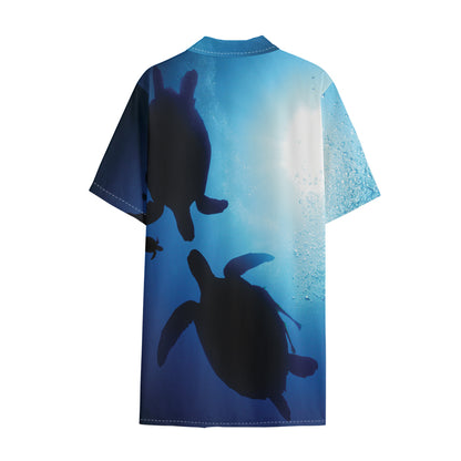 Sea Turtle Family Underwater Print Cotton Hawaiian Shirt