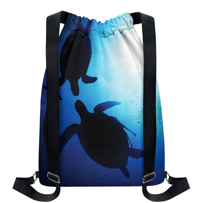 Sea Turtle Family Underwater Print Drawstring Backpack