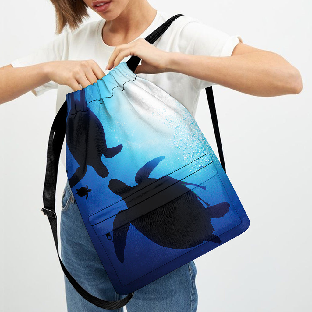 Sea Turtle Family Underwater Print Drawstring Backpack