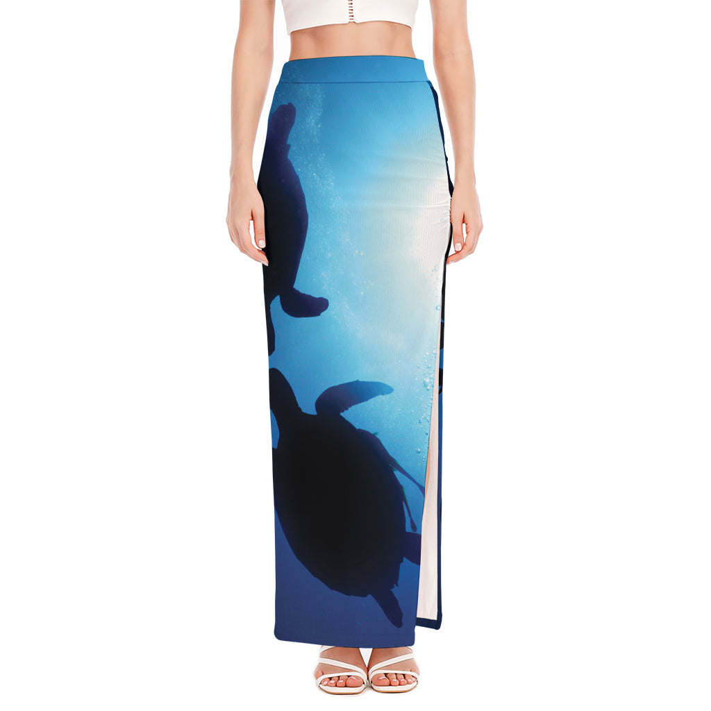 Sea Turtle Family Underwater Print High Slit Maxi Skirt