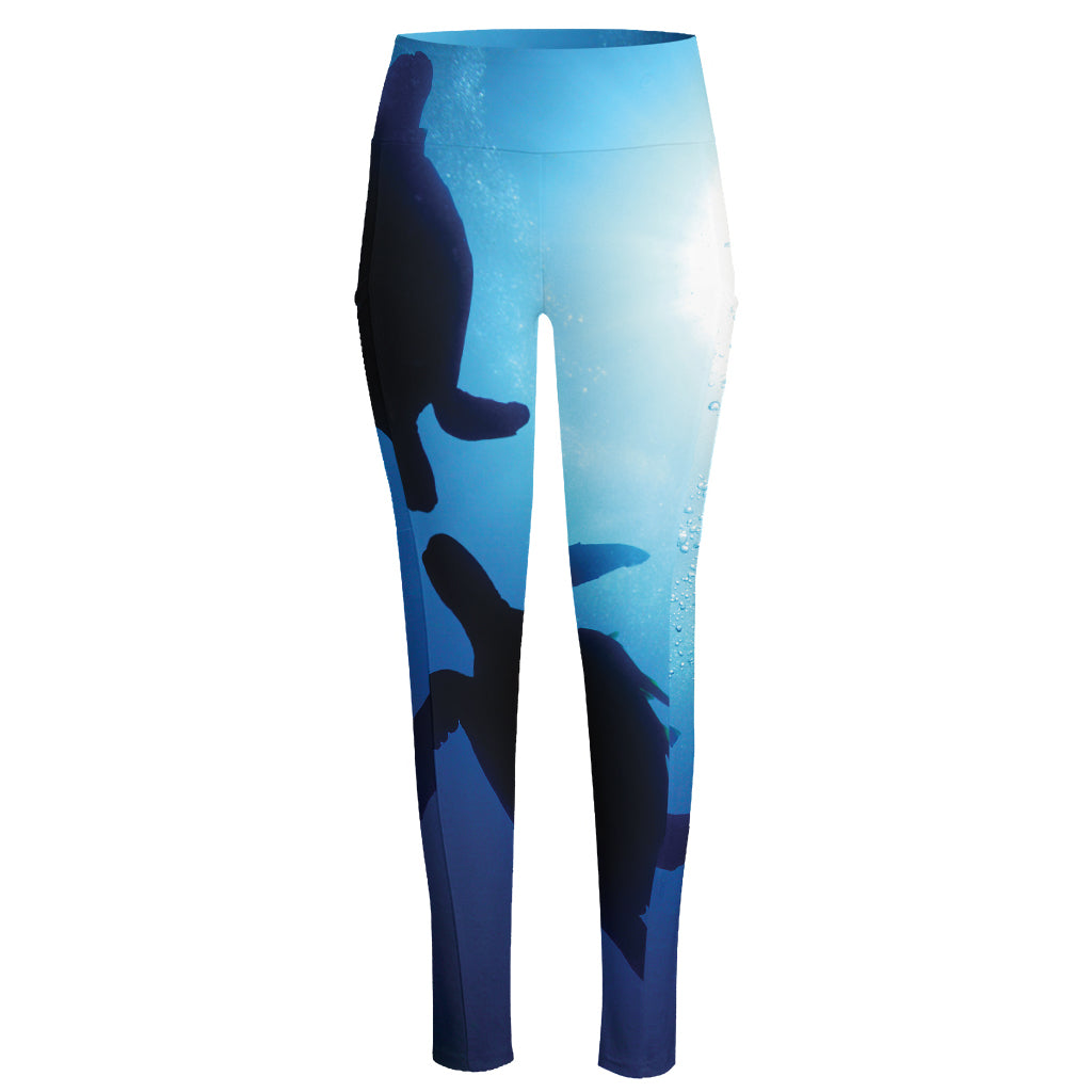 Sea Turtle Family Underwater Print High-Waisted Pocket Leggings