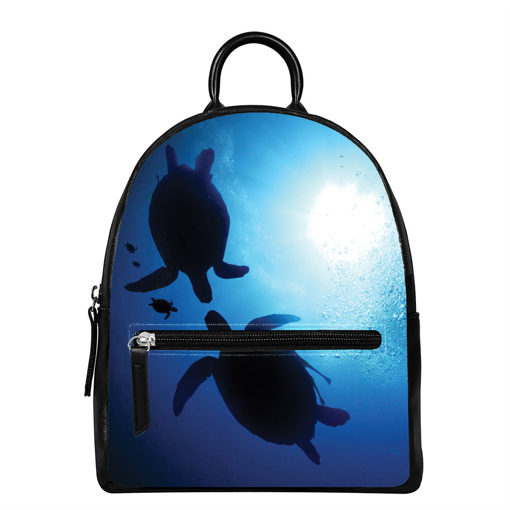 Sea Turtle Family Underwater Print Leather Backpack