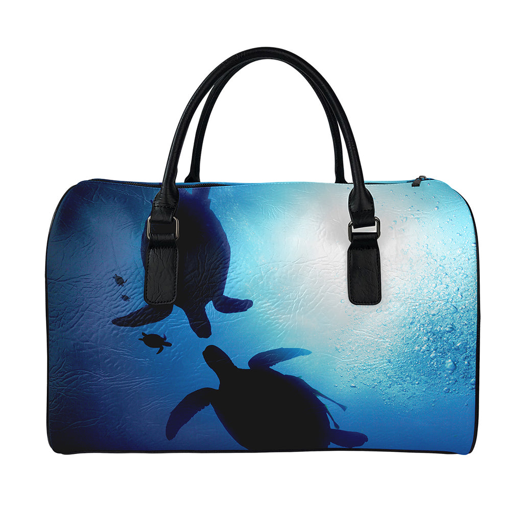 Sea Turtle Family Underwater Print Leather Duffle Bag