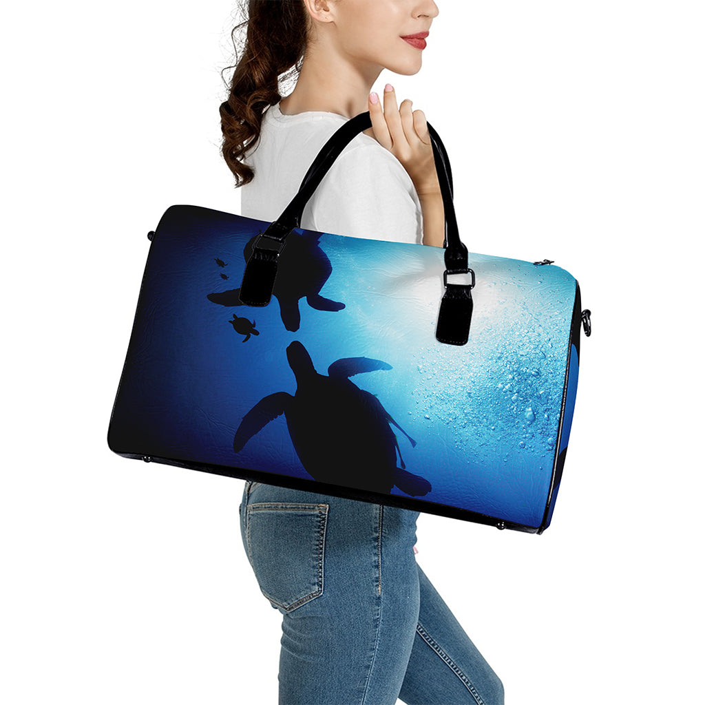 Sea Turtle Family Underwater Print Leather Duffle Bag