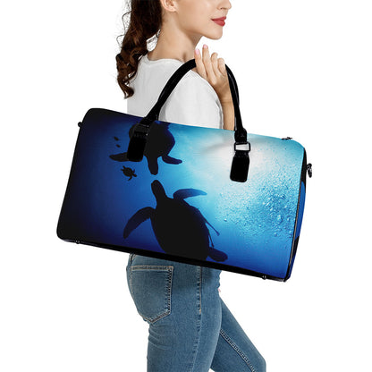 Sea Turtle Family Underwater Print Leather Duffle Bag