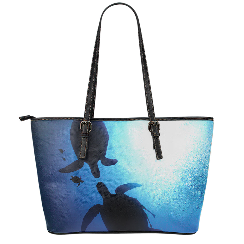 Sea Turtle Family Underwater Print Leather Tote Bag