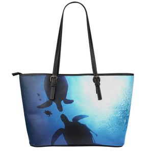 Sea Turtle Family Underwater Print Leather Tote Bag