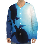 Sea Turtle Family Underwater Print Long Sleeve Baseball Jersey