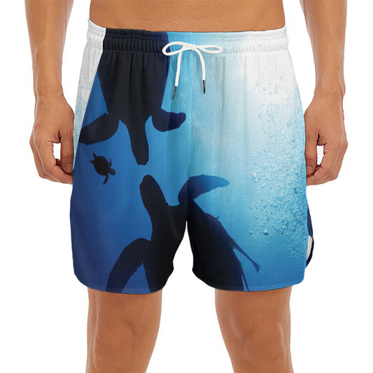Sea Turtle Family Underwater Print Men's Split Running Shorts