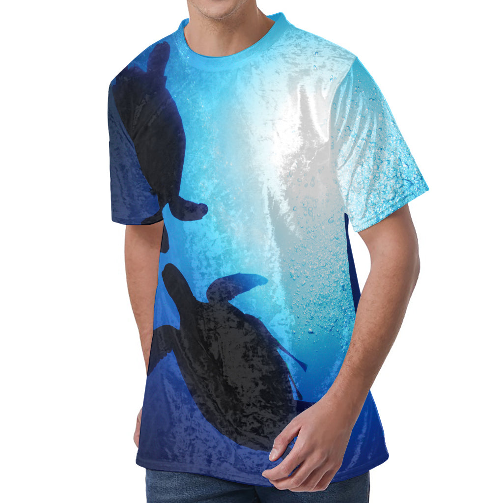 Sea Turtle Family Underwater Print Men's Velvet T-Shirt