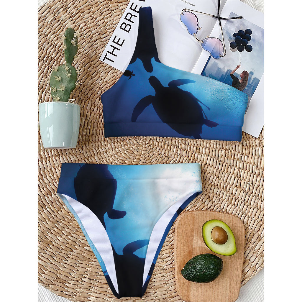 Sea Turtle Family Underwater Print One Shoulder Bikini Top