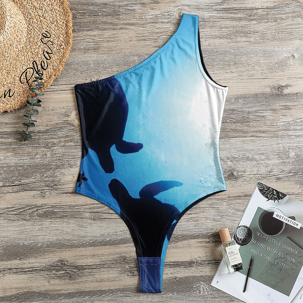Sea Turtle Family Underwater Print One Shoulder Bodysuit