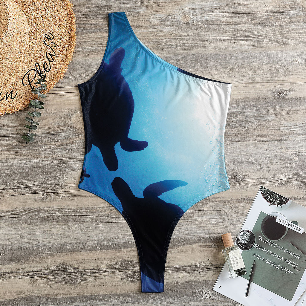 Sea Turtle Family Underwater Print One Shoulder Bodysuit