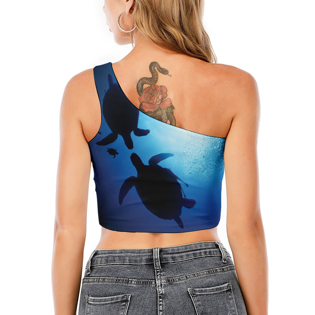 Sea Turtle Family Underwater Print One Shoulder Crop Top