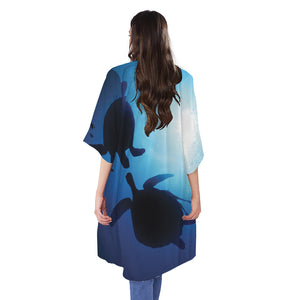 Sea Turtle Family Underwater Print Open Front Beach Cover Up