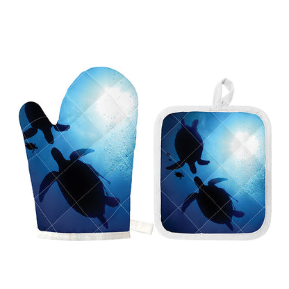 Sea Turtle Family Underwater Print Oven Mitt And Pot Holder Set