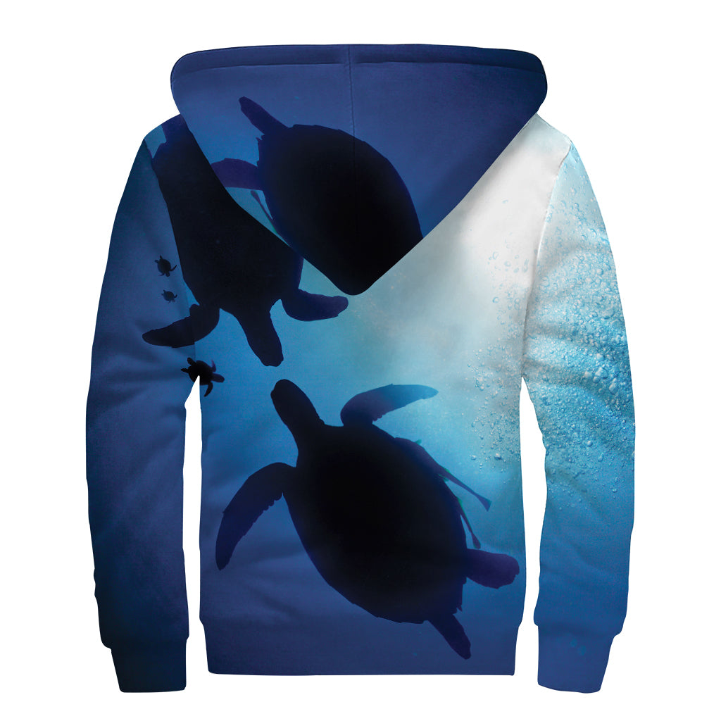 Sea Turtle Family Underwater Print Sherpa Lined Zip Up Hoodie