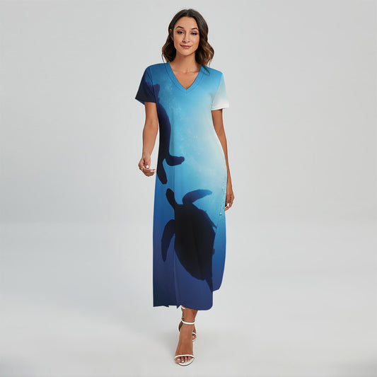 Sea Turtle Family Underwater Print Short Sleeve Maxi Dress