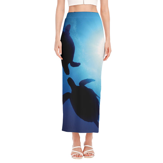 Sea Turtle Family Underwater Print Side Slit Maxi Skirt