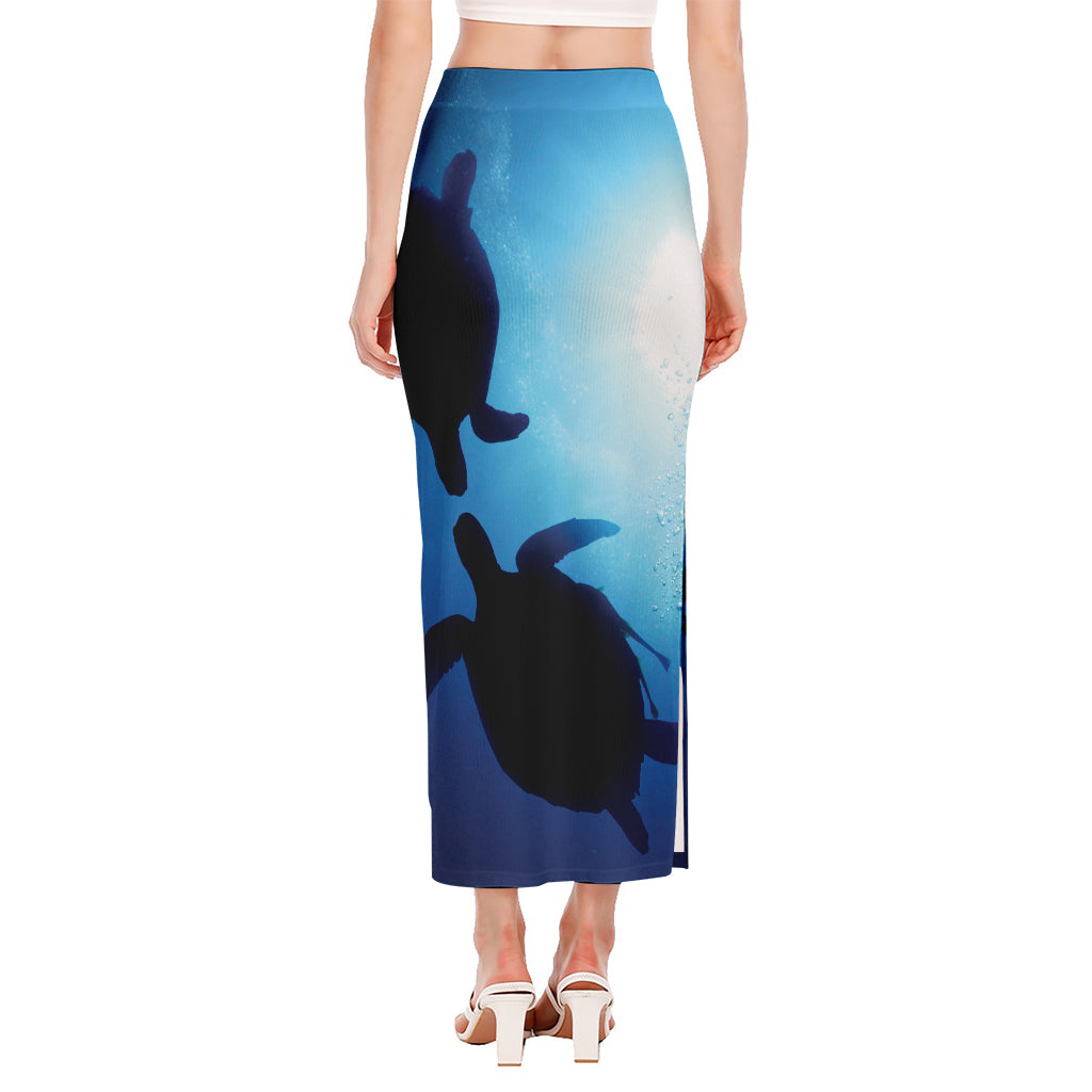 Sea Turtle Family Underwater Print Side Slit Maxi Skirt