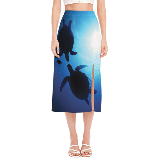 Sea Turtle Family Underwater Print Side Slit Midi Skirt