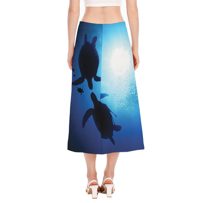 Sea Turtle Family Underwater Print Side Slit Midi Skirt