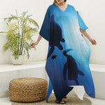 Sea Turtle Family Underwater Print Silk V-Neck Kaftan Dress
