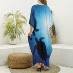 Sea Turtle Family Underwater Print Silk V-Neck Kaftan Dress