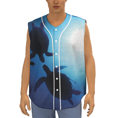 Sea Turtle Family Underwater Print Sleeveless Baseball Jersey