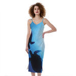 Sea Turtle Family Underwater Print Slim Fit Midi Cami Dress