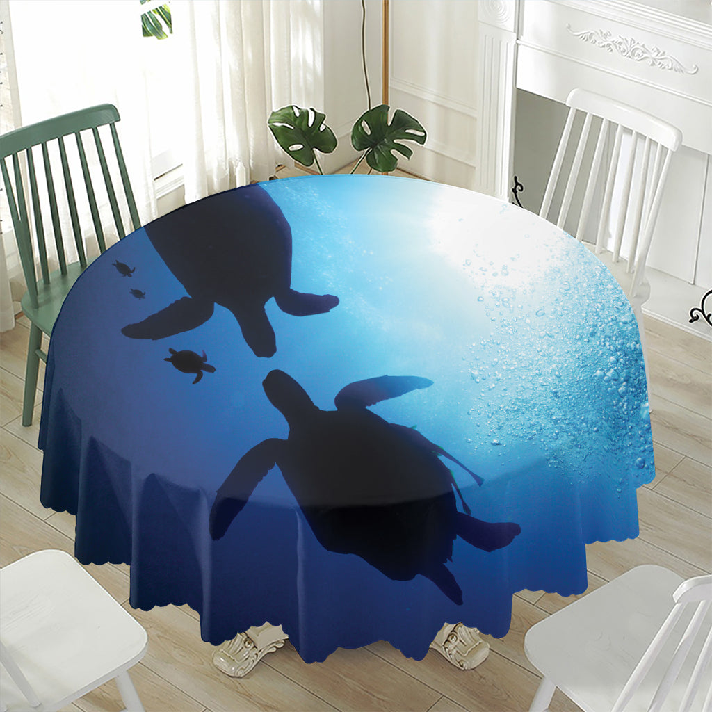 Sea Turtle Family Underwater Print Waterproof Round Tablecloth