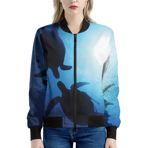 Sea Turtle Family Underwater Print Women's Bomber Jacket