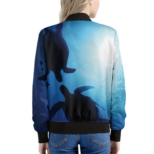 Sea Turtle Family Underwater Print Women's Bomber Jacket