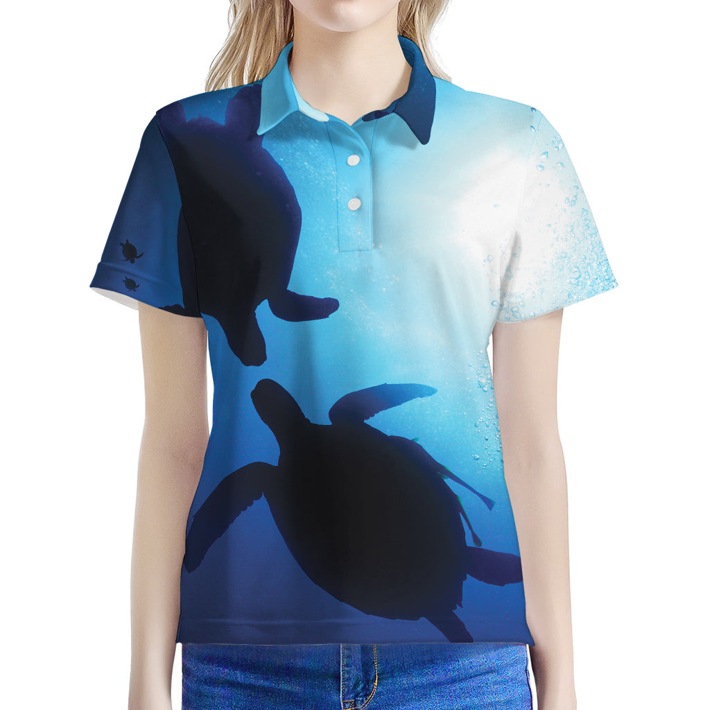 Sea Turtle Family Underwater Print Women's Polo Shirt