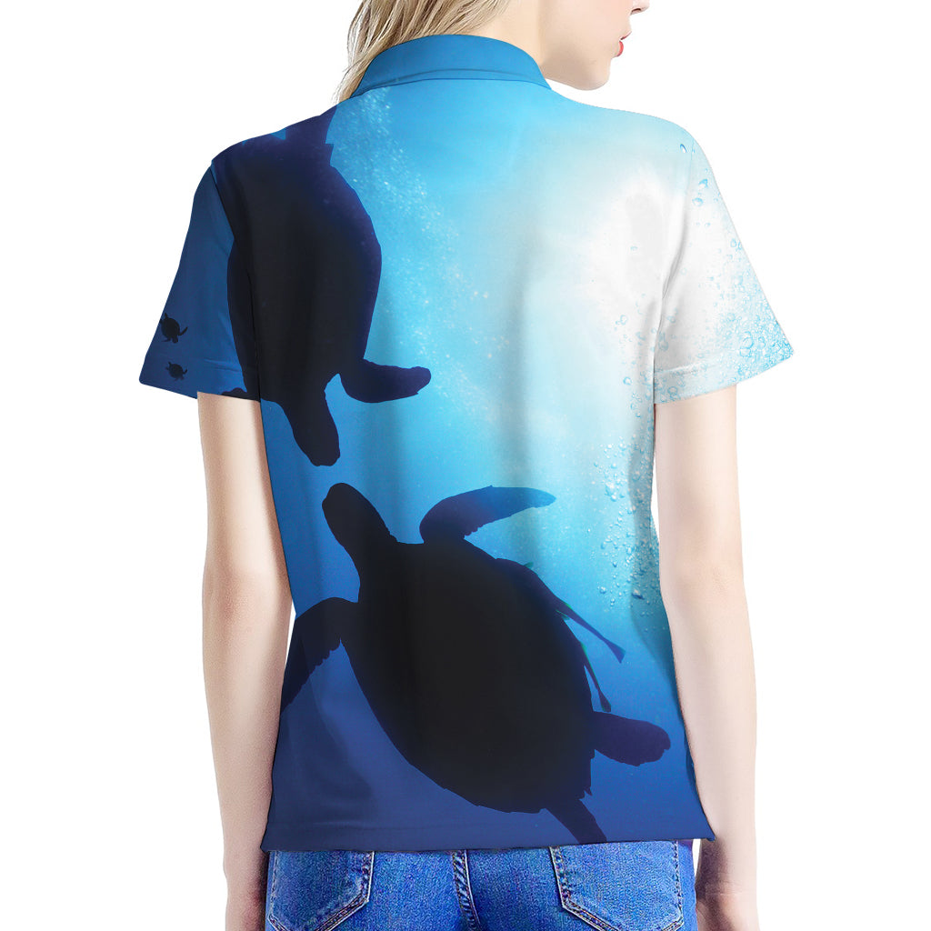 Sea Turtle Family Underwater Print Women's Polo Shirt