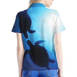 Sea Turtle Family Underwater Print Women's Polo Shirt