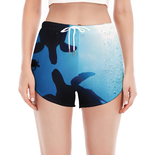 Sea Turtle Family Underwater Print Women's Split Running Shorts