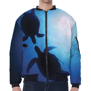 Sea Turtle Family Underwater Print Zip Sleeve Bomber Jacket