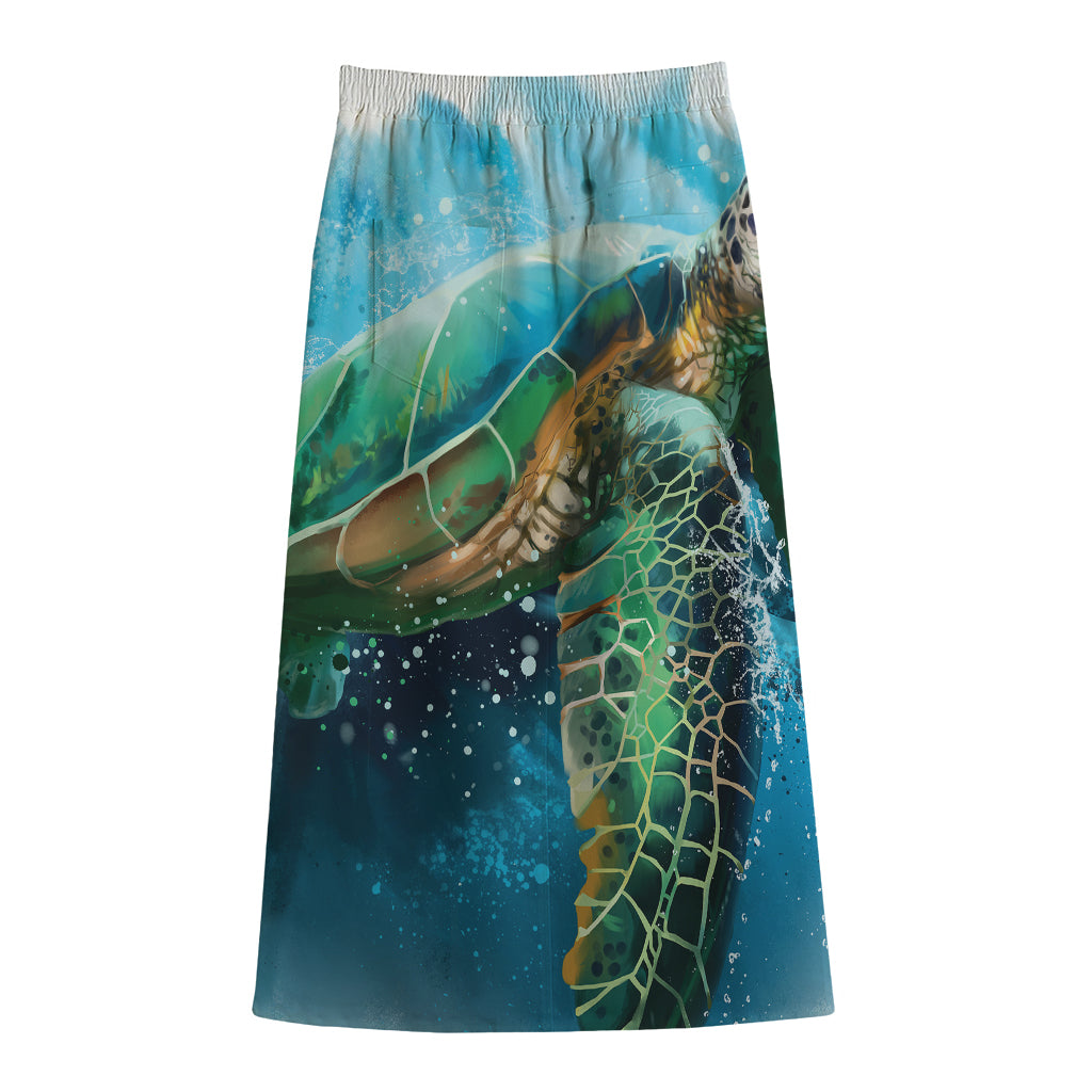 Sea Turtle Painting Print Cotton Front Slit Maxi Skirt