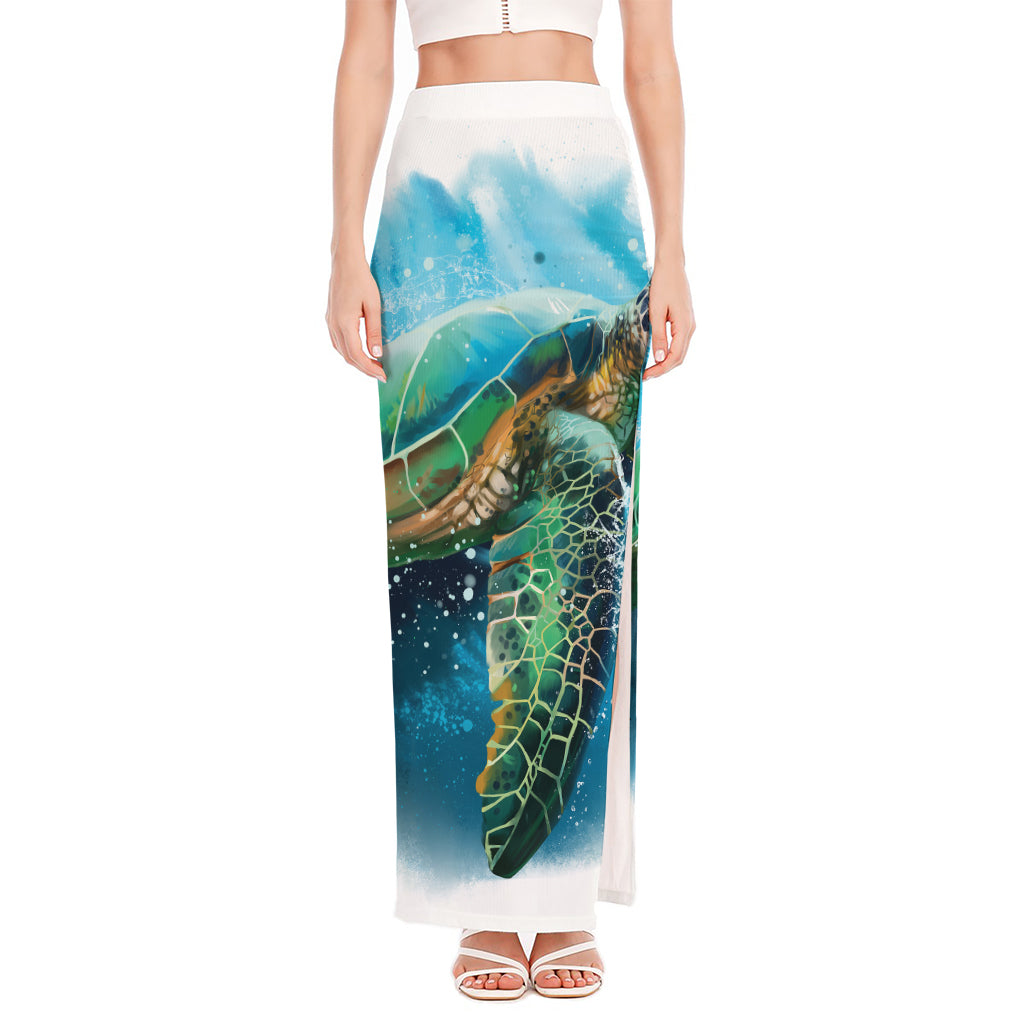 Sea Turtle Painting Print High Slit Maxi Skirt