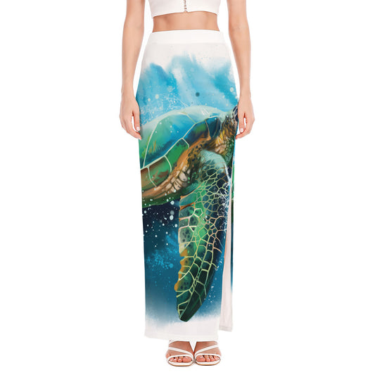 Sea Turtle Painting Print High Slit Maxi Skirt
