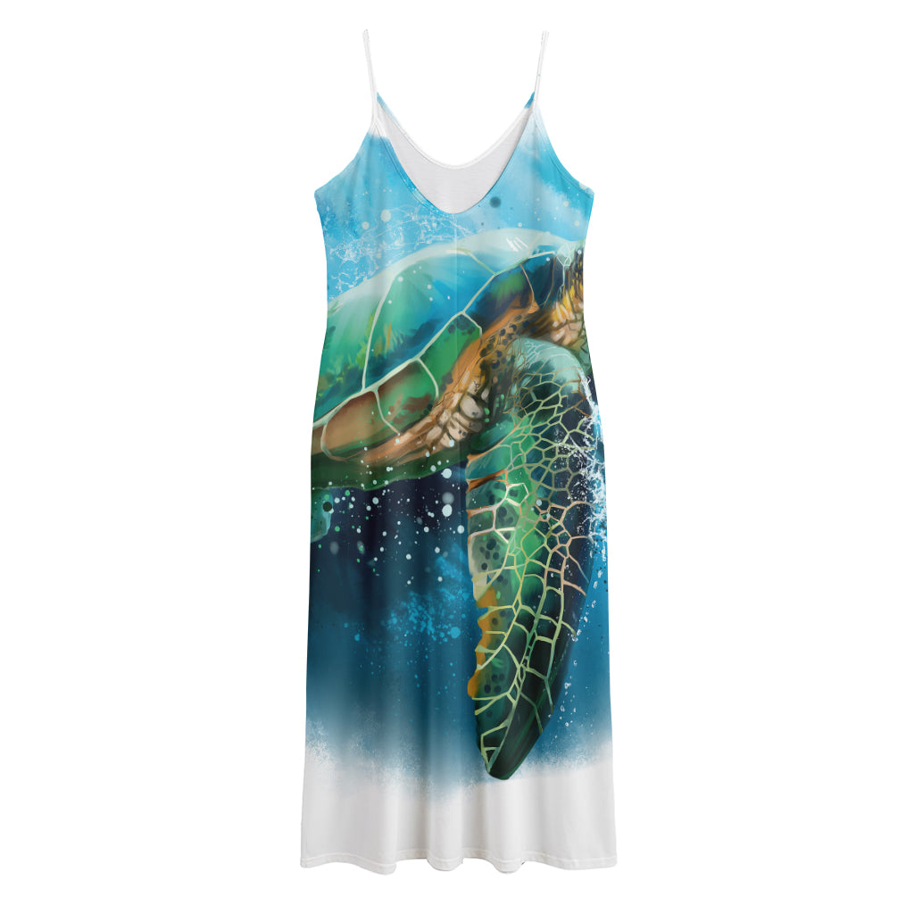 Sea Turtle Painting Print Jersey Midi Cami Dress
