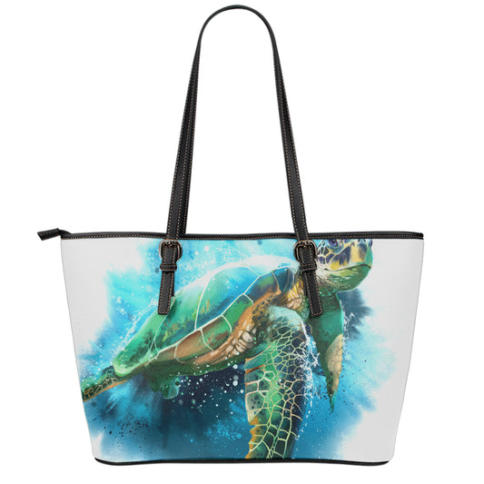 Sea Turtle Painting Print Leather Tote Bag