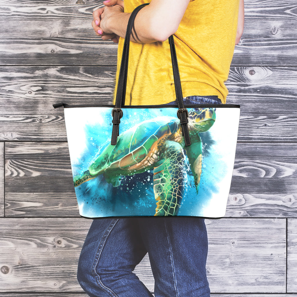 Sea Turtle Painting Print Leather Tote Bag