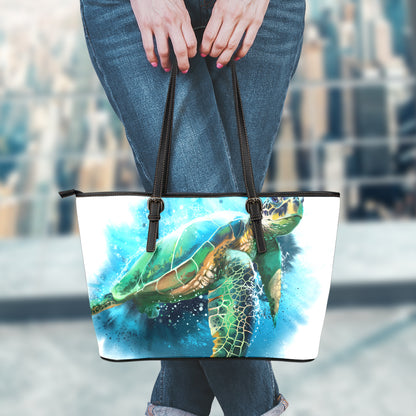 Sea Turtle Painting Print Leather Tote Bag