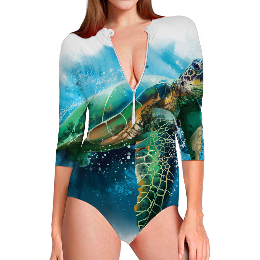 Sea Turtle Painting Print Long Sleeve Swimsuit