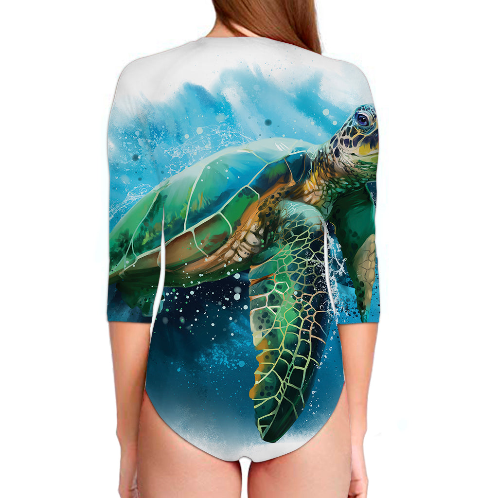 Sea Turtle Painting Print Long Sleeve Swimsuit
