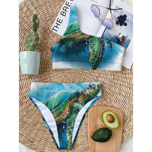 Sea Turtle Painting Print One Shoulder Bikini Top