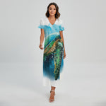 Sea Turtle Painting Print Short Sleeve Maxi Dress