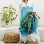 Sea Turtle Painting Print Silk V-Neck Kaftan Dress